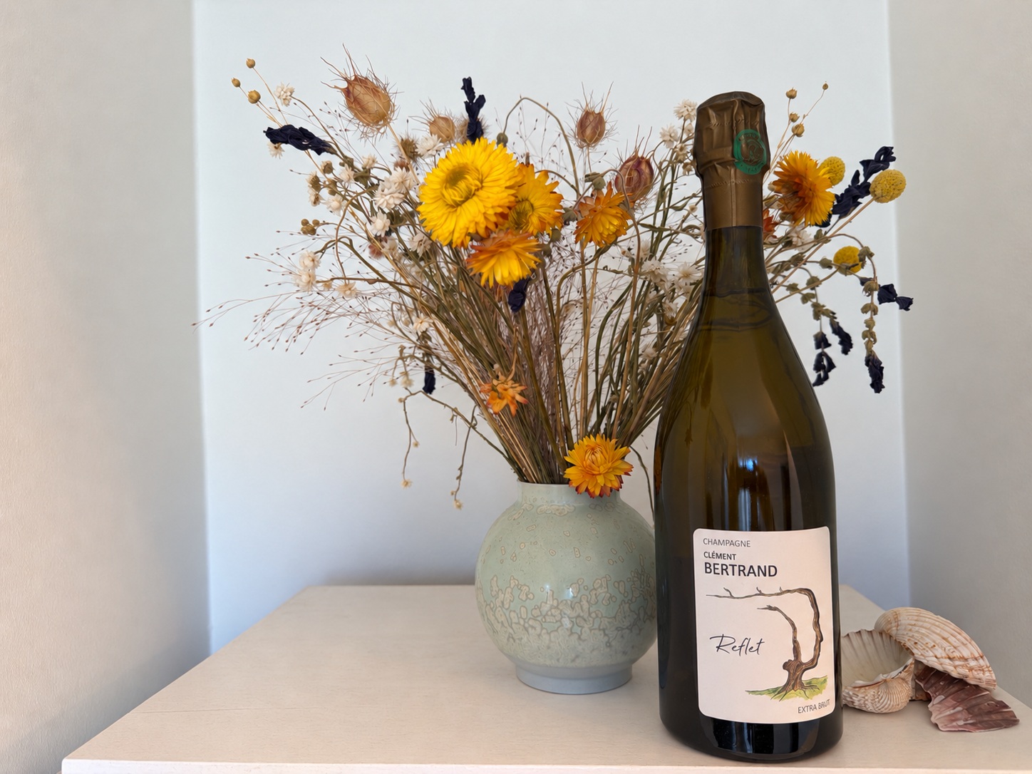 Reflet fra Champagne Clément Bertrand med tørrede blomster og muslingeskaller